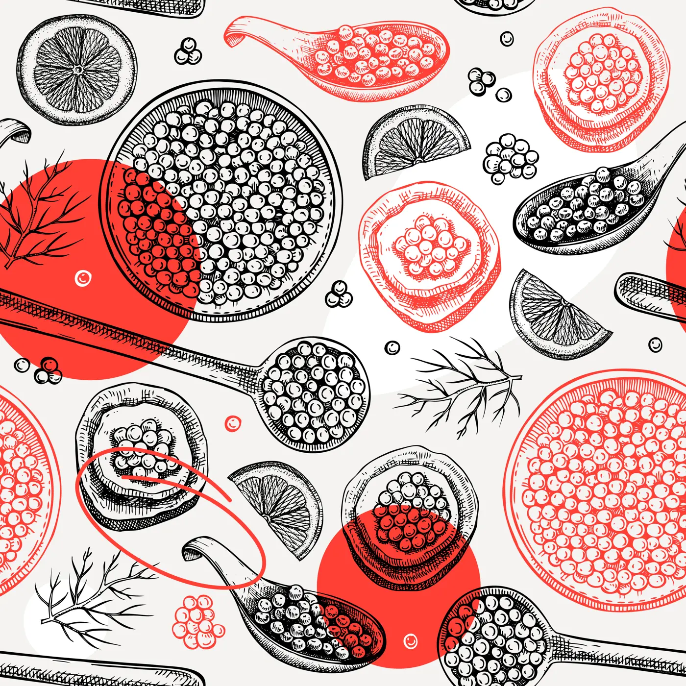 Seafood background for restaurant or finger food menu design. Hand-drawn sketches of canned caviar, red caviar canape, bread, lemons. Sea delicacy seamless pattern in collage style. Illustration